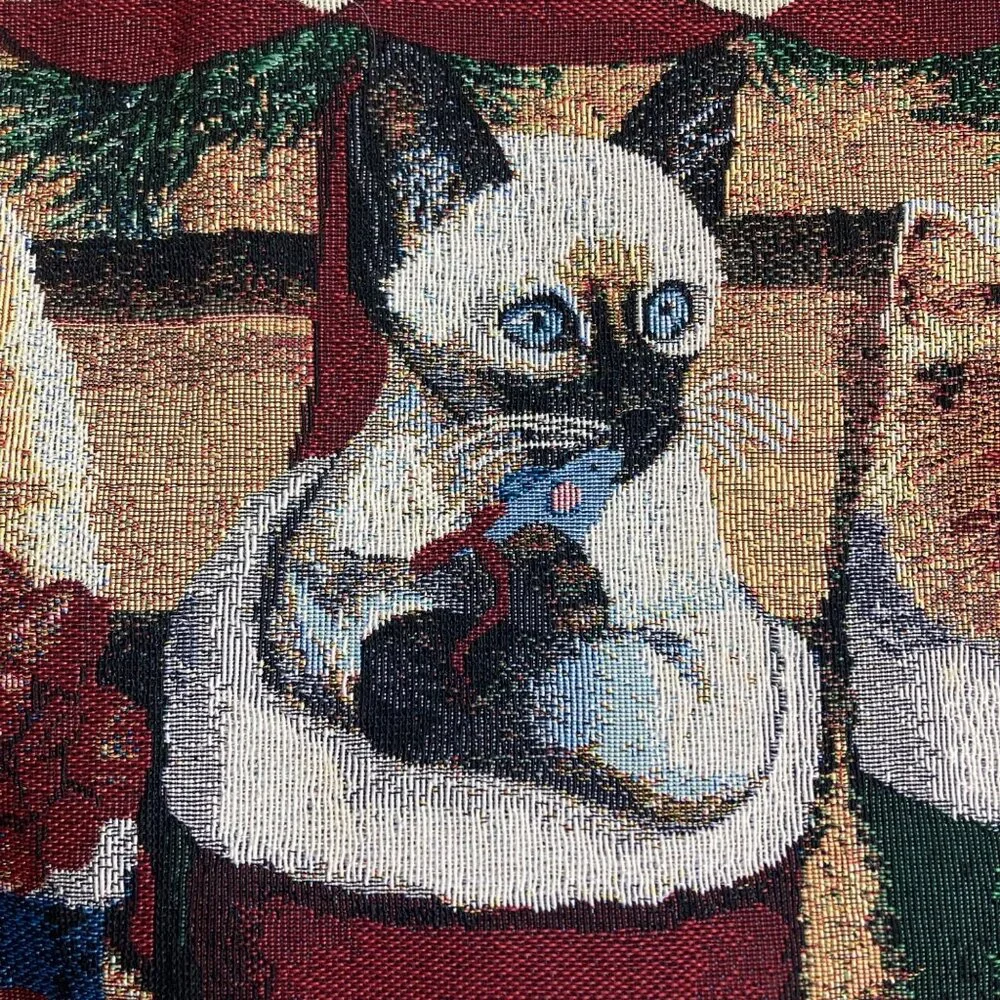 Whimsical Cozy Cats Christmas Tapestry Table Runner Kittens 13x73 Made In USA